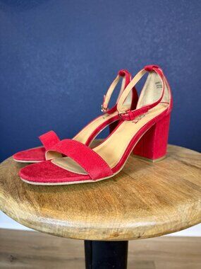 Report NIB Payson Red Micro Suede Block Heel Ankle Strap Sandals | Size 7